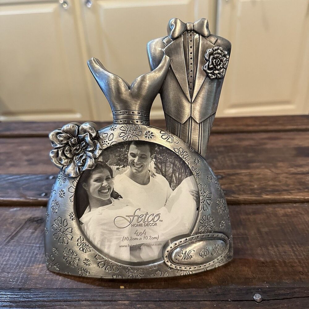 Fetco Wedding Bride & Groom Gift 4x4 Photo Pewter Picture Frame Mr. & Mrs Gown